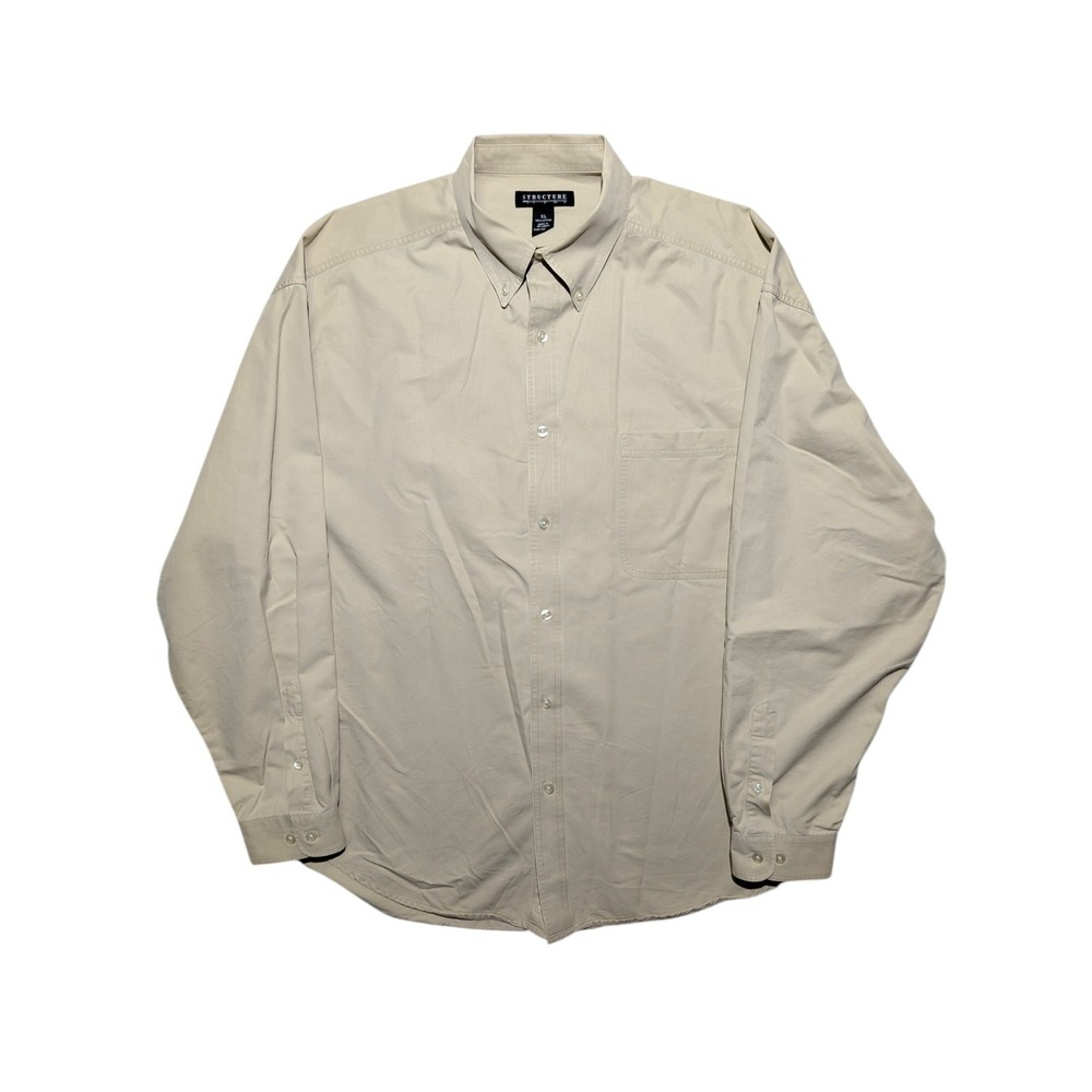 Structure Mens XL Khaki Button Down Shirt Cotton Long Sleeve Casual Office Beige